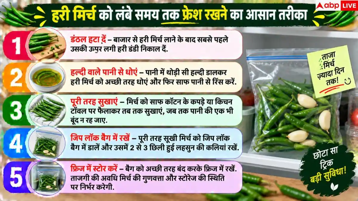 Green Chilli Storage Tips: क्या 4 दिन में सिकुड़ जाती है हरी मिर्च? 1 महीने तक ऐसे रखें फ्रेश